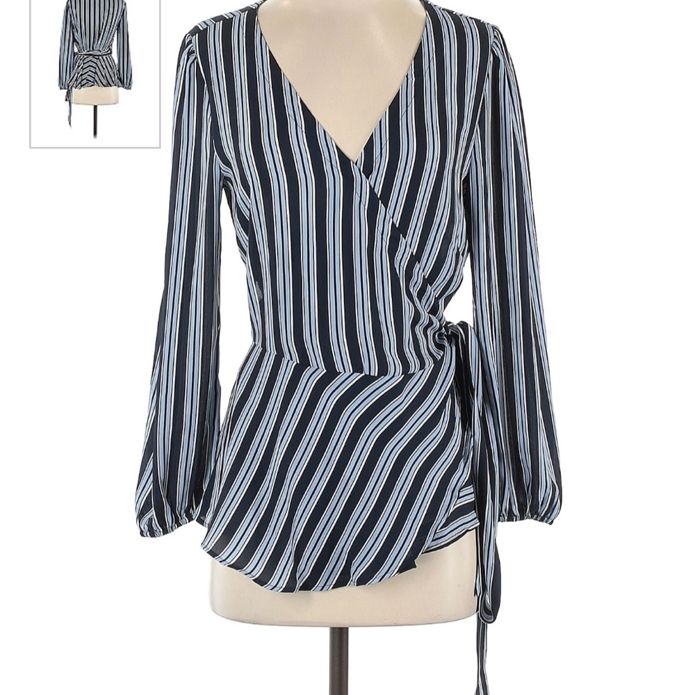 ANN Taylor loft Large striped wrap blouse navy and white
